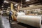 Fiberglass manufacturing facility with workers operating machinery, creating rolls of insulation material