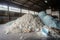 Fiberglass recycling process, where waste material is collected, crushed, and remelted to create new fiberglass products