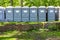 Fiberglass reinforced polymer mobile toilette cabins in a park