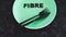 fibre UK spelling text on dining plate with fork and knife, healthy nutrition and research about the microbiome