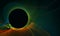 Fictional black hole, burrow or eclipse with haze of chaotic greenish flames blazing around in deep dark space.