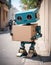 A fictional character, the cardboard robot, is standing on the sidewalk