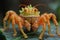 A fictional crab with orange and yellow spots on its body is sitting, AI