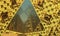 Fictional golden levitating pyramids in abstract Mauritanian style.