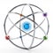 Fictitious atom model with core and orbiting spheres. 3D illustration