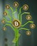 Fictitious crypto coins hanging on PCB tree branchs. 3D illustration