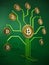 Fictitious crypto coins hanging on PCB tree branchs. 3D illustration