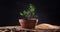 Ficus with green leaves in a clay pot formed in the Japanese style bonsai stands on a woven bag against a dark background