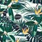 Ficus, palm leaves and yellow strelitzia flowers seamless pattern, tropical foliage, branch, greenery.