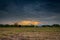 Field agriculture and rain clouds with sunrays