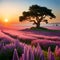 field of blooming flowers, sunset, tree. Generative AI