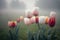 Field of blooming tulips. Pastoral landscape. Spring flowering. Generative AI