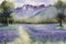 A field of bluebells with distant mountains - Watercolour Painting. Generative AI