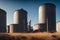 a field with a bunch of large tanks in it\\\'s center and a sky background behind them with a few clouds