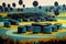 field of discarded oil drums, slowly leaking their contents AI generation