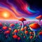 Field Filled With Psilocybe Cubensis Mushrooms Under a Colorful Sky