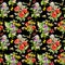 Field flowers, grass, butterflies, bees. Repeating floral pattern on black background. Watercolour