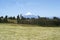 Field on green grass with blue sky in the background without people or a tree in Chile