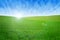 Field with green grass and sky with clouds. Clean, idyllic, beautiful summer landscape with sun.