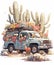 Field Guide Illustration: Colorful Flowering Succulent Cactus in a Broken Boho Car, Cartoon Style