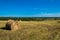 Field with hay rolls near the village