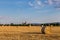 A field with haybales at golden hour, with the Santa Maria degli Angeli church Assisi in the background