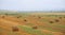 Field with haystacks. Russian open spaces. Dry grass twisted into stacks