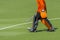 Field hockey goalkeeper on a green grass