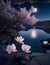 Field of magnolias at the night of moonlight, crystal lake at the edge of cliff, illustration