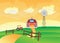 Field Mountain Landscape background barn buildings harvesting crops and tractors windmill illustration