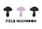 Field mushroom, silhouette icons set with lettering. Imitation of stamp, print with scuffs. Simple black shape and color vector
