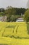 field with old houses in May, Hilter, Osnabrueck country region, Germany