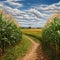 A field path between fields of corn village. Corn as a dish of thanksgiving for the harvest