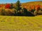 Field patterns in front of hills with bright fall colors