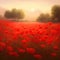 Field of red poppies at sunset, nostalgic illustration. Generative Ai