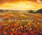 Field of red poppies at sunset stunning flowers landscape oil painting