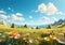 field of spring grassland flowers and perfect blue sky. AI Generative