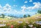 field of spring grassland flowers and perfect blue sky. AI Generative