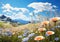 field of spring grassland flowers and perfect blue sky. AI Generative