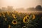 a field of sunflowers with a foggy sky in the background and trees in the distance in the foreground, with a foggy sky in the