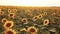 field of sunflowers at sunset. flight over agricultural flowering summer field.