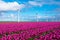 A field of vibrant purple tulips dances in the wind, set against a backdrop of majestic windmill turbines in the