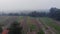 Fields after harvest, smoke from burning weeds on the field. Autumn time, rural area. Aerial view from drone, fly