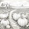 Fields with hundreds of pumpkins in the background of a farmhouse, Halloween black and white picture coloring book