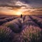 Fields of lavender sunset woman run, Generative AI