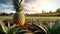Fields of a pineapple farm, a mature pineapple plant stands tall. Generative AI