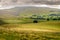 Fields and sheep on farm land in a valley with rain clouds