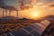 Fields with solar panels and wind turbines at sunset, showcasing the beauty of renewable energy. Ai generated