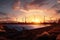 Fields with solar panels and wind turbines at sunset, showcasing the beauty of renewable energy. Ai generated