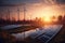 Fields with solar panels and wind turbines at sunset, showcasing the beauty of renewable energy. Ai generated